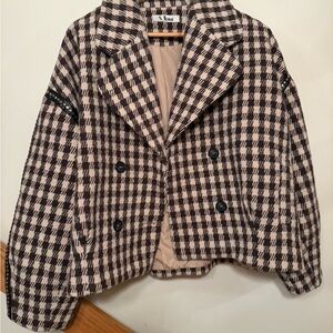 St. John Black and Cream Checkered Pea Coat